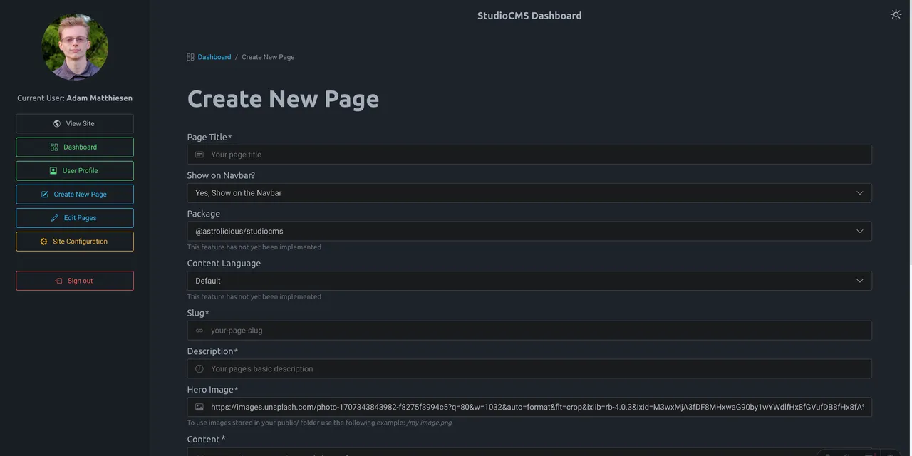 Create New Page Dark